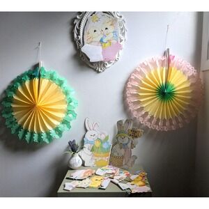 Vintage Easter Decoration Lot Bunny Die Cuts Tissue Fans Spring Decor Set